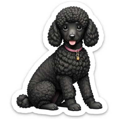 cinematic-[poodle]-realistic-full-body-sitting-emoji,-tail-resting-loosely-beside-its-paws,-head-tilted-dramatically, -curly-[black]-fur,-simplified-yet-realistic-focused-features,-highly-detailed,-glowing-with-an-almost-sarcastic-glow sticker