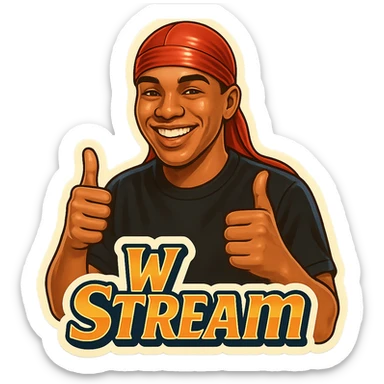 Make him Smiling With 2 thumbs up
Change His durag To Red
Add the words W Stream sticker