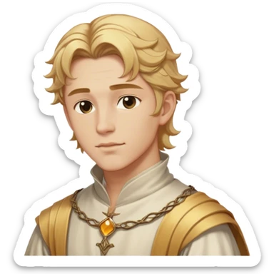 Medieval summer outfit worn by a DnD themed fantasy male character. Character has honey blonde hair swept back from the temples, reaching the nape of the neck with natural waves throughout. sticker