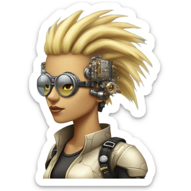Light yellow Mohawk hair female cyborg head, tan skin, steampunk goggles and circuits sticker