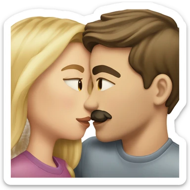 Blonde girl kissing brunette boy with mustache sticker