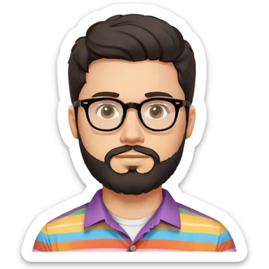 a 30-year-old man with light skin, medium solid build, wide face, soft cheeks, rounded jawline, neutral relaxed expression, short dense full beard, wavy voluminous brown-black hair at the front, large rectangular black thick frame glasses, colorful button-up shirt open showing white t-shirt sticker