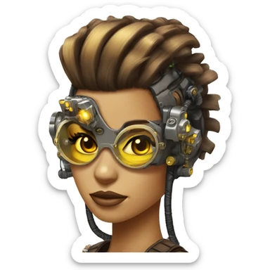 Brown with yellow streaks Mohawk hair female cyborg head, tan skin, steampunk goggles and circuits sticker