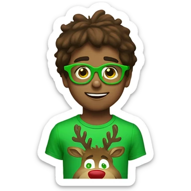 brown haired boy wearing reindeer glasses and grinch t-shirt sticker