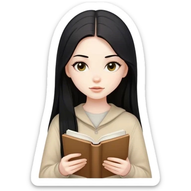 beautiful girl, pale skin, black long straight hair, with beige clothes, reading a beige book  sticker