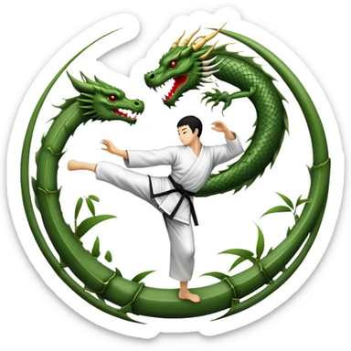 An icon symbolizing Eastern martial arts in the style of an emblem, featuring a black-and-white Yin-Yang symbol and a dragon at the center. A martial artist is performing a fluid kick, surrounded by elements like a dojo and bamboo. Transparent background highlights balance and power. sticker