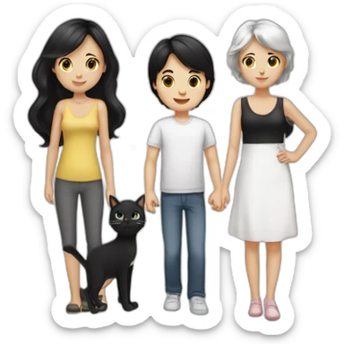 Family of three- mum black hair white skin- dad black hair white skin- baby girl- one white cat-one black cat  sticker