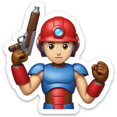 mega man but with the color rootbeer brown shiny like metal with arms for guns and a dark shiney red healmet sticker