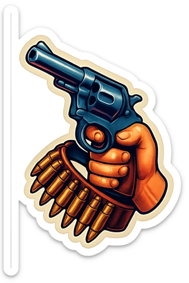 male hand holding a revolver with a bullet belt, retro stickers style, sharp black outlines, expressive shadows and highlights, no gradients, only sharp color transitions sticker