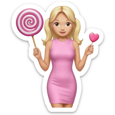 Emma Bunton with long blonde ponytails wearing light pink bodycon dress holding a lollipop sticker