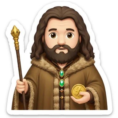A rich, opulent version of Hagrid with a jeweled cane and a fur-lined cloak, surrounded by gold coins, emoji style sticker