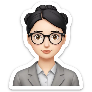 pale teacher with black hair in a bun, with brown eyes, wearing gray glasses sticker