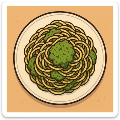 spaghetti with green pesto, appetizing, top-down view, vibrant colors sticker