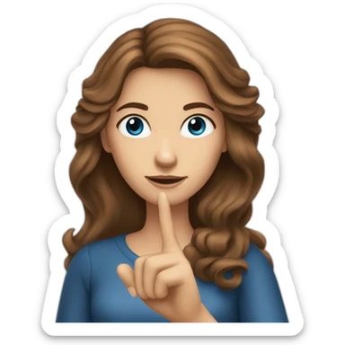 brown-haired woman with long hair, blue eyes shows her index finger sticker