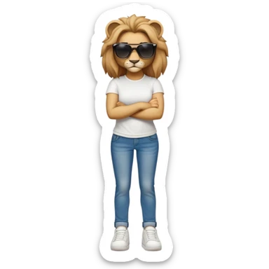 confident anthropomorphised female lion, full body, arms folded, wearing jeans, white t-shirt, dark sunglasses, trainers, looking determined sticker