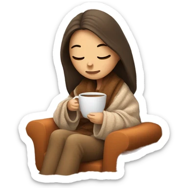 Brunette white girl covered in blanket autumn vibe sitting on a cozy chair holding coffee eyes closed sticker