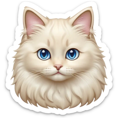 Cinematic Adorable Fluffy Cream Ragdoll Cat Portrait Emoji, Head tilted gracefully with soft, sparkling blue eyes, silky cream-colored fur with subtle darker points on the ears, face, and paws, Simplified yet noble features, highly detailed, glowing with a warm and gentle radiance, high shine, affectionate and poised, stylized with an air of elegance, bright and endearing, soft glowing outline, capturing the essence of a majestic and loving kitty, so dignified it feels like it could spring into action at any moment with grace! sticker