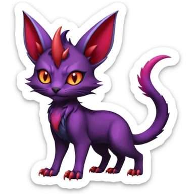 Black horned vampiric edgy demon-Noivern-Noibat-Purloin-Torracat-Lykoi-Caracal-cat-Fakemon-fusion-hybrid-creature with violet and red scale markings sticker