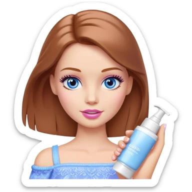 Barbie girl Chestnut Shoulder-length hair and blue eyes is In pale purple applying cream on face sticker