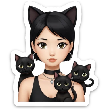 Asian girl, black hair.  Holding two BLACK cats with one cat has a round fat face. Both pure black.  The girl also wearing a black singlet, a black chocker, silver round hook earring, and wearing eyeliner.  sticker