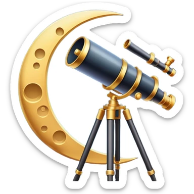 An icon featuring a telescope, stars, and a planet, symbolizing astronomy. The design includes a crescent moon, distant galaxies, and constellations, representing the study of space and celestial bodies. Transparent background highlights the exploration of the universe and cosmic phenomena. sticker