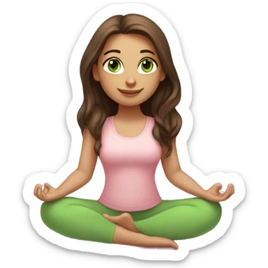 brunette long hair and green eyes yoga girl in light pink clothes sitting on a yoga mat sticker