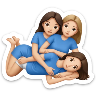 two white brunette women lying down full body on top of each other wrapped around each other one wearing a blue shirt sticker