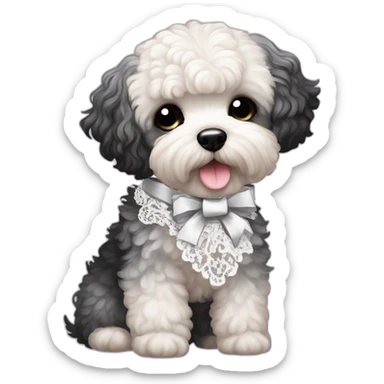 Maltipoo, black and white hair, anime style with coquette lace ribbon sticker