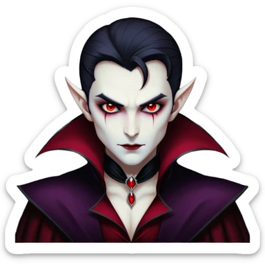 Cinematic Noble Vampire Portrait Emoji, Elegant and commanding, with a refined, pale visage framed by dark, velvet accents and a hint of crimson, exuding timeless seduction and dangerous allure, simplified yet exquisitely detailed, glowing with a soft nocturnal radiance and a subtle, mysterious outline that captures the regal spirit of an immortal lord of the night! sticker