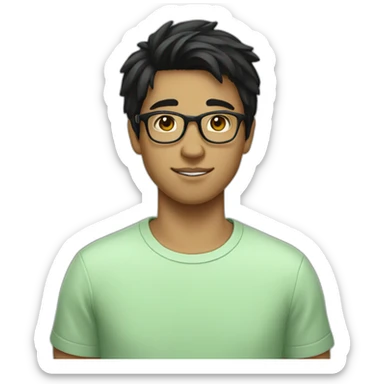 teen guy with black hair wearing glasses and a light green t-shirt sticker