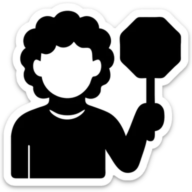 brunette person with curly hair holding a stop sign, solid filled icon sticker