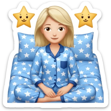  "type": "human",
      "look": "woman in star-print pyjamas, soft blue set, sleepy smile", sticker