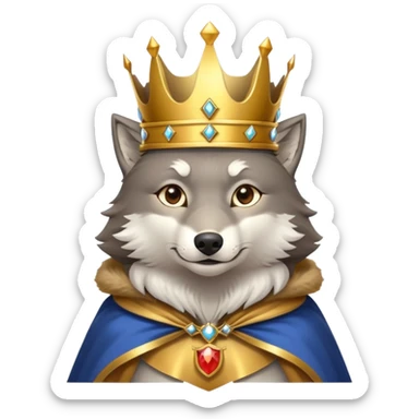 A majestic wolf wearing a golden crown and royal cape sticker