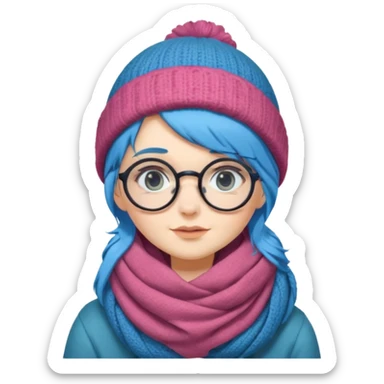 A shy blue straight hair woman with big round glasses and thick scarf and a beanie, blushing from the cold. sticker