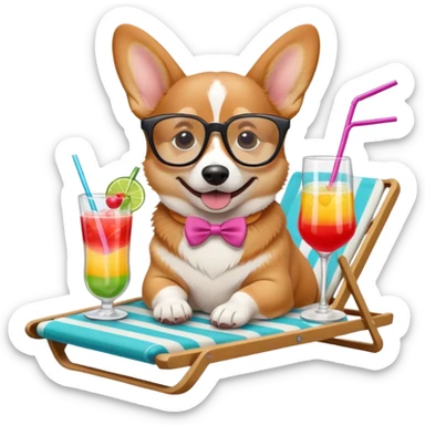 cute corgi dog lying on a beach lounger, wearing stylish glasses, happily sipping a colorful cocktail drink through a straw, emoji style sticker