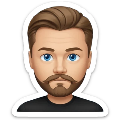 a good looking like leonardo di caprio blue eyes, beard, mustache, a black shirt, green eyes, hair tied to the back sticker