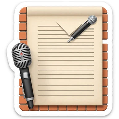 iconography design suitable for emoji reaction; pixel art: white document with a folded top-right corner and horizontal lines, outlined in a brick pattern. At the top center of the document is an icon indicating ai. In front of the document a microphone icon sticker