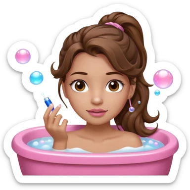 girl with wavy long ponytail brown hair, brown eyes, light to medium complexion, long lashes, light pink lipstick, wearing light pink shirt, in a bathtub with bubbles sticker