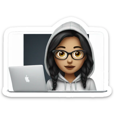 a white tenage girl with black hair and glasses wearing a hoodie working on a macbook sticker