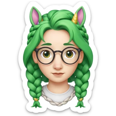 braided unicorn wiith big visible braids looking into the camera spectacled green hair and no ears sticker