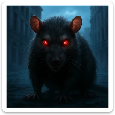 Change only the background to be lighter and more eerie, resembling an abandoned city with blue fog. Keep the rat and the square dimensions exactly the same, preserving all original details and style. Maintain the original style and details of the rat and square while editing the background to evoke an eerie abandoned city atmosphere with blue fog. sticker