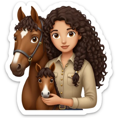 girl with dark brown curly long hair holding horse sticker
