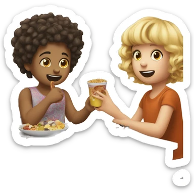 Two white toddlers. A brother and sister. Enjoying a crazy lunch with lots of snacks while the mother watches  sticker