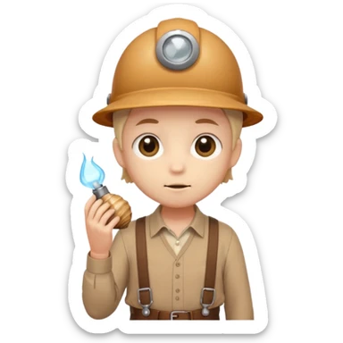 Shelly has a small, chibi-style body with a large ammonite-shaped head that looks like a beige fossil shell. One side of her head has a dark opening, making it clear she isn’t human. Her face is simple and soft, with big round eyes. She wears a brown suspender outfit over a lighter shirt sticker