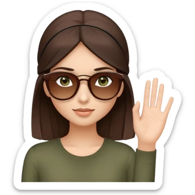 pretty girl, she has dark brown hair, long and straight, grayish green eyes, and long eyelashes, she’s wearing brown top, and wearing brown sunglasses on her head and holding them with her hand  sticker
