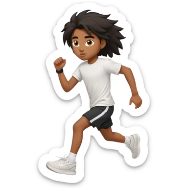 generate a pretty bratz brown skinned boy with black messy long hair wearing a white tshirt and black running shorts. running on the street with white sneakers sticker