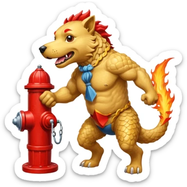 A rock creature gets into a fight with a fish that has grown human legs and arms while they are fighting. A dog stands with a fire hydrant. sticker