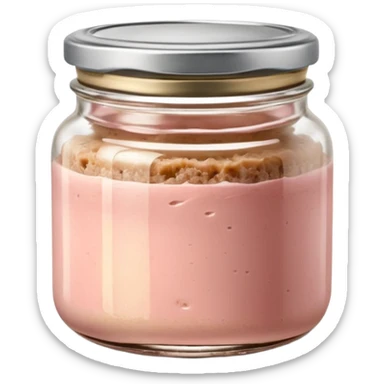 small glass jar filled with coarse beige to light pink pâté, smooth slightly uneven surface, metal lid, visible layers of texture through transparent glass, fine fat cap on top, no label, no garnish, no bread, sealed jar, soft lighting, subtle shadows, emoji scale sticker