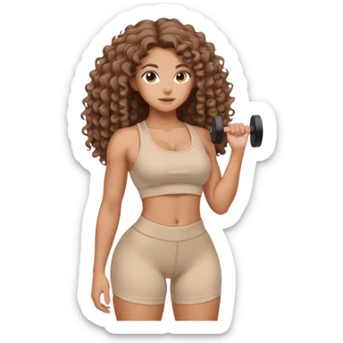 Create dream body girl with big glute and small waist and brown flat no volume curly long hair with pastel beige gym clothes  sticker
