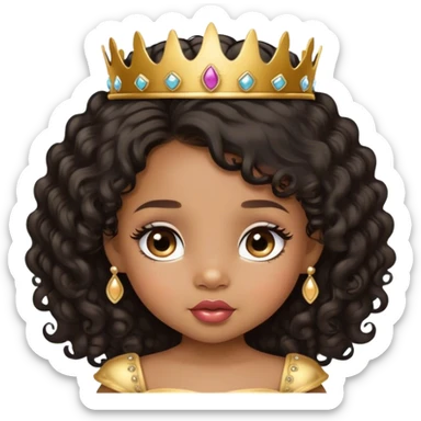 princess, medium brown skin tone, very adorable toddler, with big plump lips, long long lashes, black curly long hair, brown eyes, gold tiara sticker
